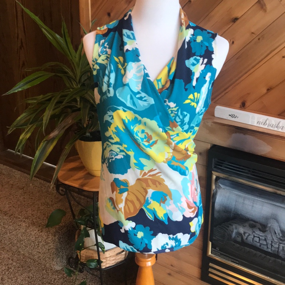 CAbi Teal Navy Floral Wrap-Style Sleeveless Blouse
